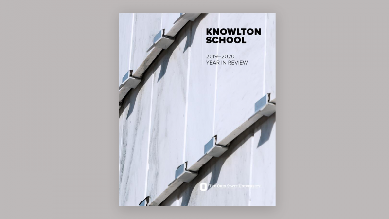 cover image of 2019-20 Year in Review showing close-up of Knowlton Hall marble facade