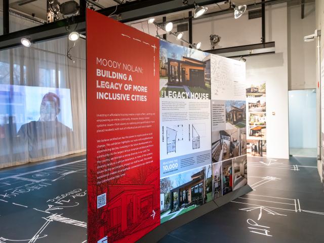 Interior shot of the Banvard Gallery showing the Moody Nolan: Building a Legacy of More Inclusive Cities exhibiton