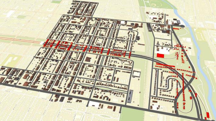 This image shows the Hanford Village and Driving Park neighborhoods in 1961 -- the buildings highlighted in red were destroyed or relocated to build I-70.
