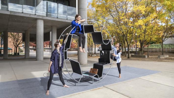 Dancers engage with the ZERO.GRAVITY project on Knowlton Hall's east patio
