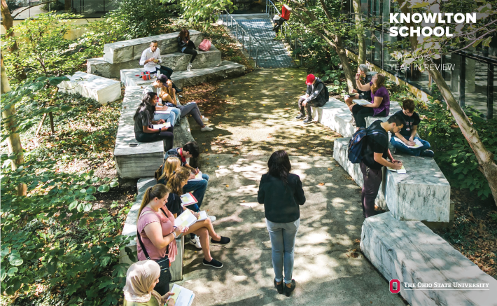 cover of the 2017–18 Year in Review showing a class held in Knowlton Hall’s south garden