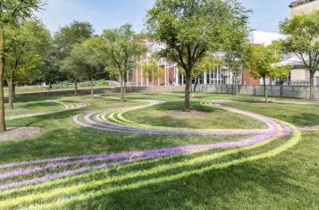 The Wexner Plaza Lawn showing painted stripes